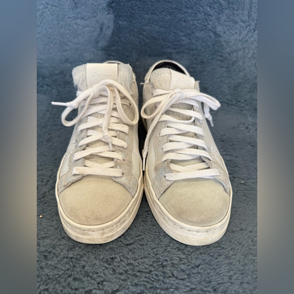 P448 John White Leather Gray Pony Hair Silver Metallic Low Top Sneakers Size 37